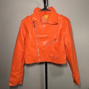 Daisy Orange Faux Leather Cropped Moto Biker Jacket DJ012 Womens Large NEW